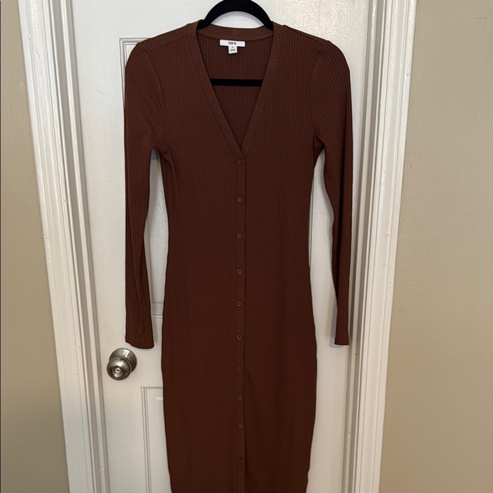 Brown Ribbed Button-Down Dress